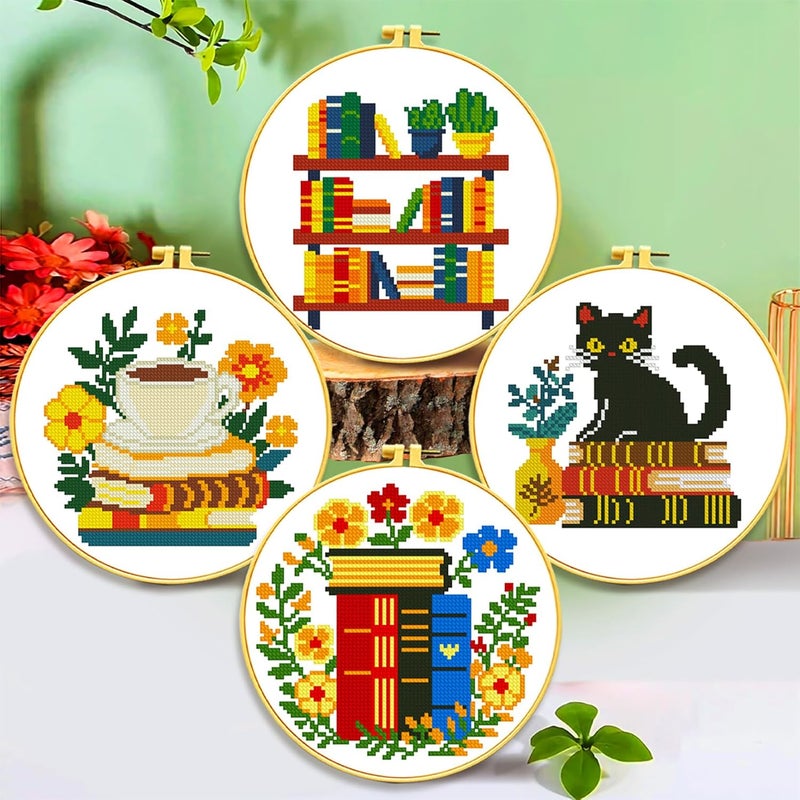Zhenqing 4 Themes Cross Stitch Kit Set - 11CT 9.45x9.45Inch, Coffee/Books/Cats/Floral Designs, DIY Embroidery Kit with Full Tools (Hoops, Scissors, Tassels) & Guide, Cozy Home Decor Gift(69601) - Image 1